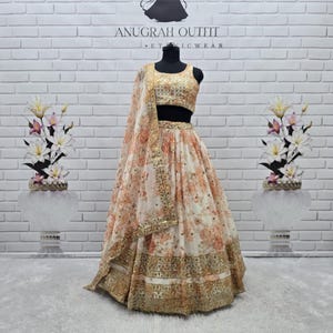 Floral Print Organza Lehenga Choli: Indian Wedding Party Wear