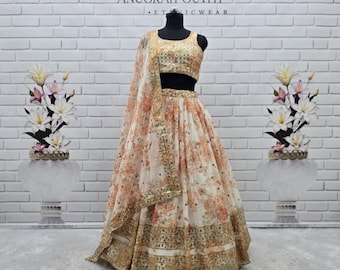 Floral Print Organza Lehenga Choli: Indian Wedding Party Wear