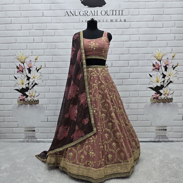 Pink Georgette Lehenga Choli Set: Floral Print Organza Dupatta