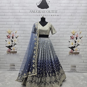 Navy Blue Georgette Lehenga Choli: Zari Sequins Embroidery Indian Wedding Partywear