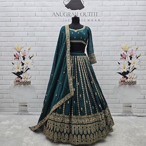 Gotowa do noszenia turkusowo-zielona lehenga z żorżety choli z sekwencją prac Lengha Choli indyjski ślubny lehenga choli dla kobiet, na imprezę lehengas