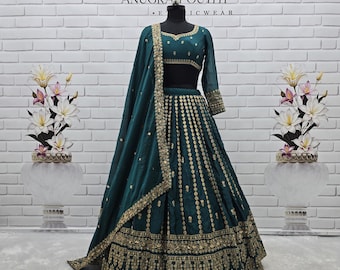 Türkisgrüner Georgette Lehenga Choli: Pailletten und Stickerei, indische Hochzeitskleidung