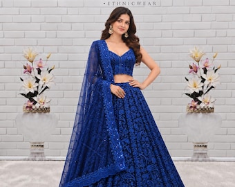 Blue Georgette Lehenga Choli with Butterfly Net Dupatta: Indian Wedding Partywear