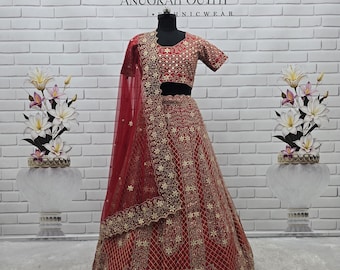 Conjunto de lehenga choli de satén malai rojo para mujer, ropa nupcial tradicional bordada, lehengas