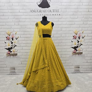 Bridesmaid Yellow Georgette Lehenga Choli With Dupatta For Wedding, Indian Lehenga Choli For Women, South Asian Fashion, Ethnic Wear Lehenga