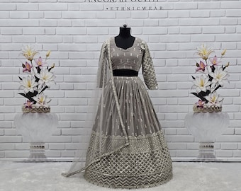 Weddings Grey Georgette Lehenga Choli, Traditional Wear for Party Wear and Festivals