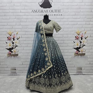 Dove Blue Georgette Lehenga Choli: Zari Sequins Embroidery, Indian Wedding Wear