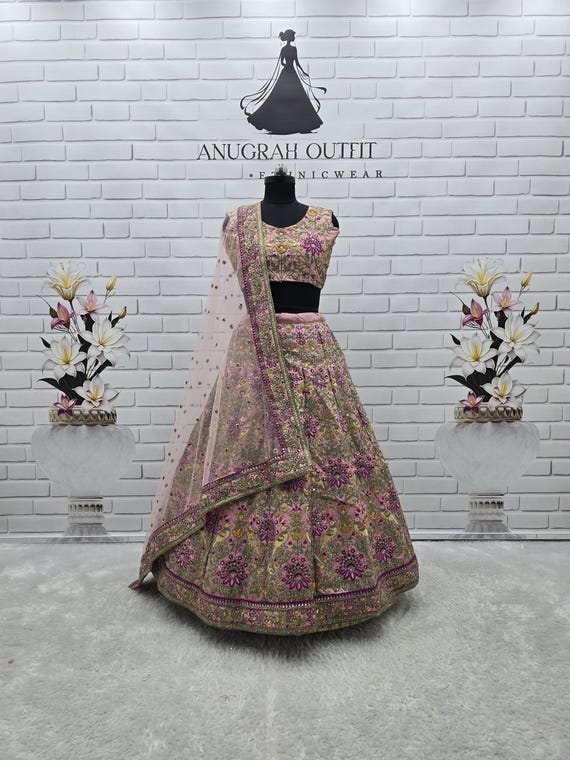 Pink Taffeta Silk Embroidered Lehenga Choli, Indian Wedding Ghagra Choli