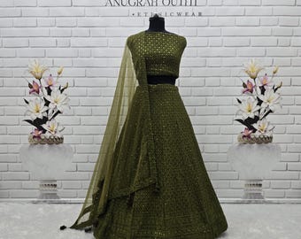 Lehenga Choli de Georgette Verde: Resham y Bordado de Lentejuelas, Traje de Fiesta de Boda