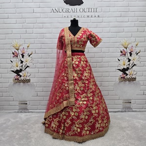 Party Wear Pink Slub Silk Lehenga Choli With Sequins  Embroidery Work With Soft Net Dupatta For Women, South Asian Ready Made Lehenga Choli