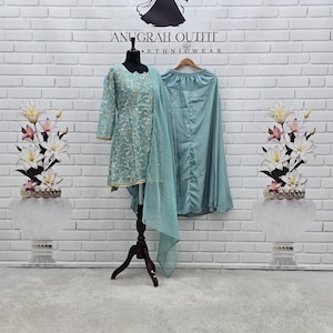 Haut en soie bleu canard à sequins Lehenga, robe de mariée indienne brodée, tenues de soirée pakistanaises