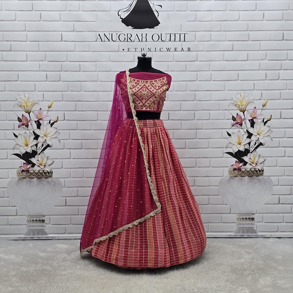 Pink Embroidered Chinnon Silk Lehenga Choli Set – Indian Wedding Bridal Festive Outfit