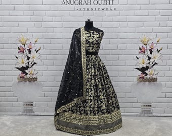 Black Dola Silk Lehenga Choli, Sequins Embroidered Reception Bridal Wear