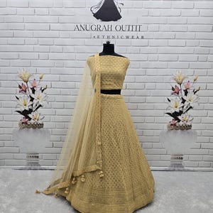 Beige Sequin Georgette Lehenga Choli: Indian Wedding Lengha with Dupatta