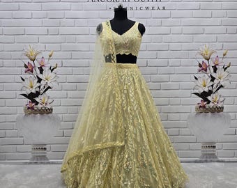 Yellow Net Lehenga Choli: Sequin Embroidery Indian Wedding Outfit