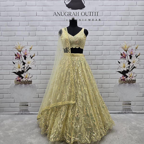 Yellow Net Lehenga Choli: Sequin Embroidery Indian Wedding Outfit