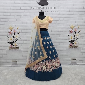 Teal Blue Raw Silk Lehenga Choli: Sequins Embroidery, Soft Net Dupatta