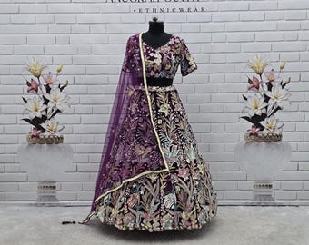 Purple Embroidered Floral Lehenga Choli with Net Dupatta, Indian Ethnic Wear, Bridesmaid Dress