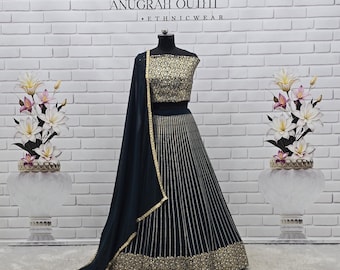Dark Green Georgette Lehenga Choli, Sequin Zari Embroidery, Indian Wedding Guest Outfit
