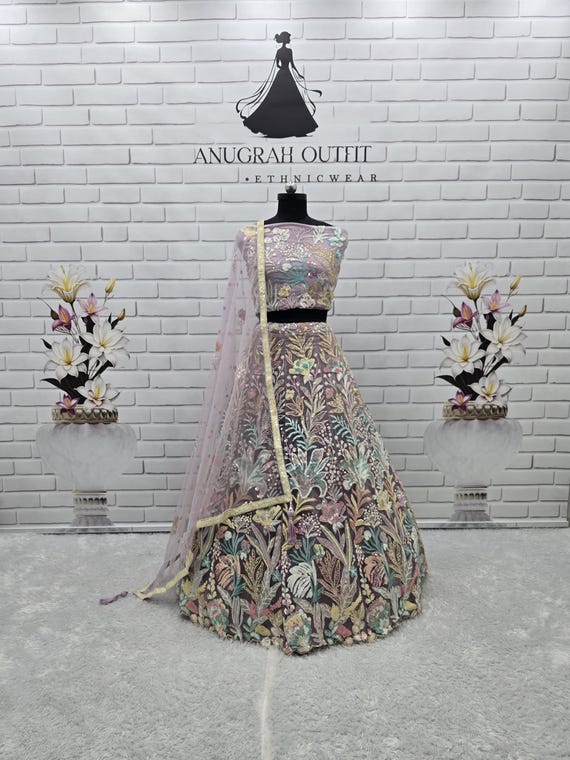 Lavender Sequin Embroidered Lehenga Choli: Soft Net Indian Partywear