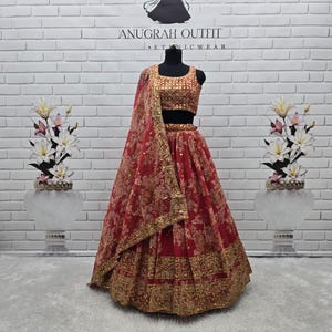 Red Organza Lehenga Choli: Floral Print, Zari Embroidery, South Asian Partywear