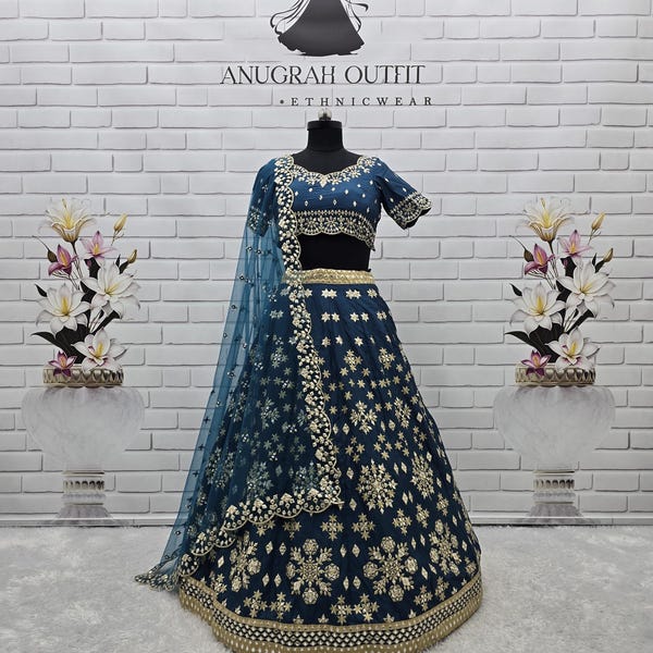 Peacock Blue Silk Lehenga Choli | Foil Mirror Zari Embroidery Wedding Outfit