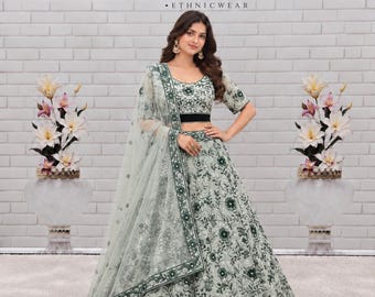 Mintgroene Lehenga Choli voor dames, Lehenga met bloemenborduurwerk, Mehendi-outfit, Indiase bruiloftsgastenjurk, kant-en-klare Ghagra Choli