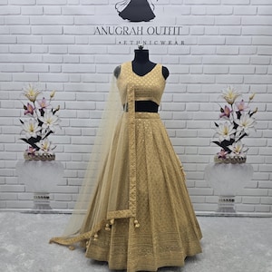 Beige Sequin Lehenga Choli: Georgette Indian Wedding Lengha