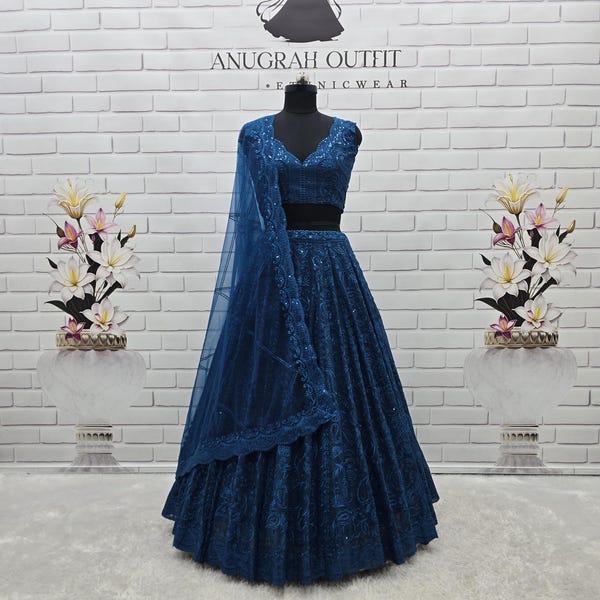 Teal Georgette Lehenga Choli: Indian Wedding Party Wear - Sequence & Thread Work