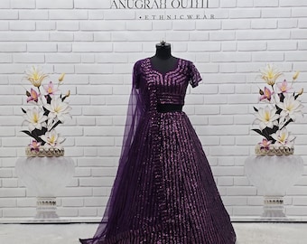 Lehenga Choli de red morada con bordado Zari, atuendo festivo indio