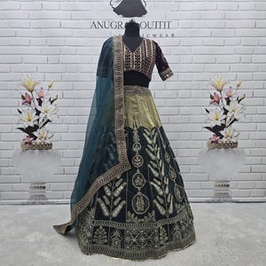 Green Silk Lehenga Choli: Indian Wedding Dress, Sequin Embroidery, Net Dupatta