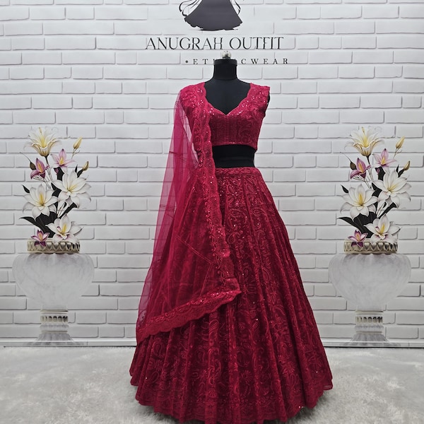 Pink Georgette Lehenga Choli Set: Sequin Threadwork, Net Dupatta