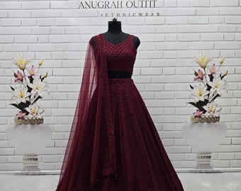 Maroon Georgette Lehenga Choli: Resham & Sequins Embroidery, Indian Wedding Partywear
