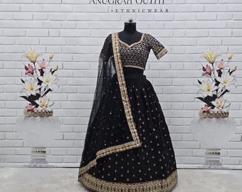Black Poly Silk Lehenga Choli, Zari Sequins Dori Work, Bollywood Style Party Wear