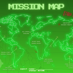 Topgeheime poster met missiekaart | Interactieve spionagewereldkaartkunst (digitale A2-download)