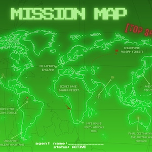 Op de afbeelding: Een groene wereldkaart met neon groene contouren en tekst. De kaart bevat locaties zoals de Amazone, de Sahara en Tokio, Japan. De woorden "MISSION MAP" en "TOP SECRET" worden weergegeven. De status is "ACTIVE".