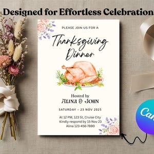 Friendsgiving Einladung, bearbeitbare Canva Thanksgiving-Einladung, Thanksgiving einladen, Kürbiseinladung Truthahn einladen, Herbstessenparty
