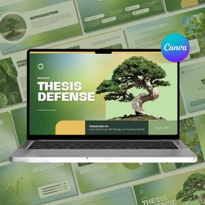 May include: A laptop screen displaying a presentation slide titled Biology Thesis Defense, featuring a green gradient background, a bonsai tree graphic, and text including the presenter name Juan Dela Cruz and the date July 15, 2026.