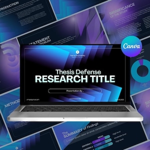 Peut inclure: Un ordinateur portable argenté affichant une diapositive de présentation intitulée Thesis Defense RESEARCH TITLE sur un fond géométrique abstrait bleu et violet. L'écran inclut des espaces pour le nom de l'université, le contact, le nom, l'e-mail et la date.