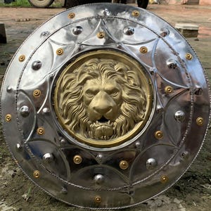 Medieval Lion Face Shield: 24&quot; Battle Ready Steel & Brass Armor