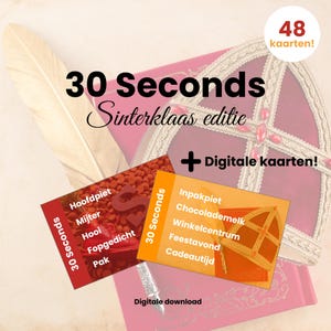 Puede incluir: Imagen promocional de un juego "30 Seconds Sinterklaas edition", con dos tarjetas de juego con palabras holandesas, una pluma y un sombrero decorativo. La imagen incluye el texto "Digitale kaarten!" y "Digitale download."