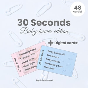 Puede incluir: Un juego de baby shower con el texto "30 Seconds Babyshower edition" y "48 cards!". La imagen presenta tarjetas rosas y azules con palabras relacionadas con bebés, rodeadas de imperdibles blancos. Descarga digital.
