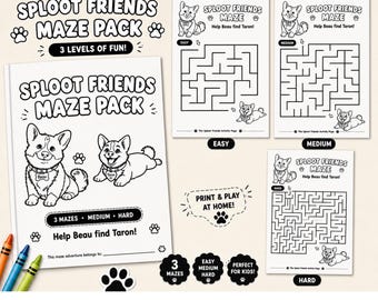 May include: A white and black maze pack titled "SPLOOT FRIENDS MAZE PACK" with three difficulty levels: easy, medium, and hard. The pack includes mazes with illustrations of corgi dogs. The text "Print & Play at Home!" is also visible.