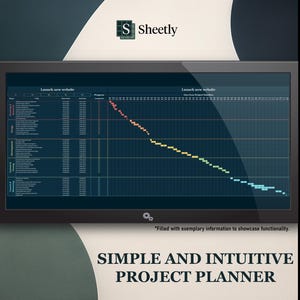 Könnte beinhalten: Ein digitaler Projektplaner, der auf einem Bildschirm angezeigt wird. Der Bildschirm zeigt eine Zeitleiste mit Fortschrittsanzeigen. Das Sheetly-Logo befindet sich oben. Der Text lautet "SIMPLE AND INTUITIVE PROJECT PLANNER."