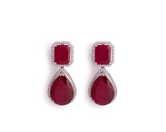 Handgemachte Sterling Silber Rubin Edelstein Jhumka Ohrringe, Traditioneller Schmuck