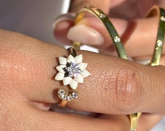 Sonnenblume Ring Sterling Silber | Ehering | Blumenschmuck | Personalisierbar | Verstellbares Band | Zierliche Schmuckstücke | Geschenk für sie