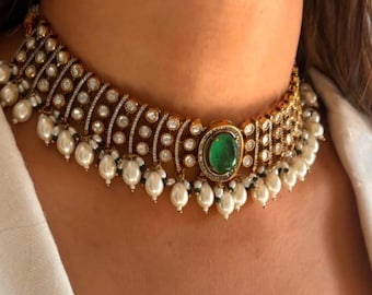 18k vergoldetes Reinsilber-Halskettenset, Smaragd- und Birnenhalskette aus reinem Silber, anpassbarer Brautschmuck, Zamrud Sheesh Choker Set
