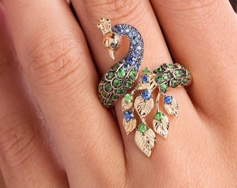 Vergoldete Sterling Silber Pfau Ring | Blau Grüner Edelstein Statement Schmuck