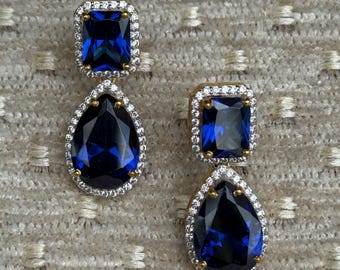 Handgefertigte Ohrringe aus reinem Silber 925er Silber, handgefertigte Ohrringe aus blauem Saphir mit Edelstein und Diamant, traditioneller Schmuck