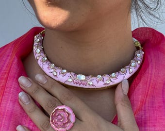 RAJKUMARI HASLI | Florale Sterling Silber Halskette |Emaille Choker| Sabyasachi Schmuck|Handgemachter ethnischer Schmuck|Hochzeitsschmuck